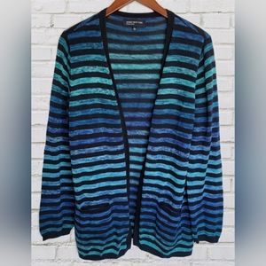 Jones New York Signature Cardigan. Size Large blue&green with black stripes